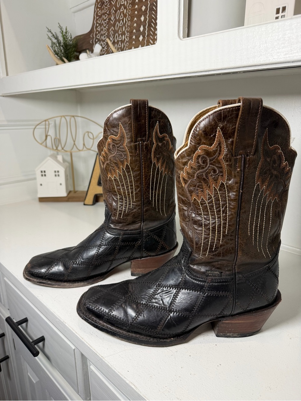 Reyme Mens 10 Cowboy Boots Black Brown Leather Patchwork Western Mexico
